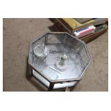 GLASS OCTAGONAL DISPLAY BOX, CERAMIC FIGURE, &
