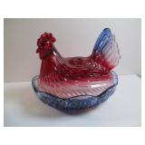 RED & BLUE GLASS HEN ON NEST COVERED DISH ï¿½