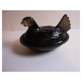 BLACK GLASS HEN ON NEST COVERED CANDY DISH BEADED