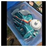Blue Storage Tote with Lid and Green Blanket
