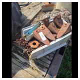 Lot of 7 Rusty Tractor Bucket Teeth and Hardware