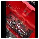 Vintage Red Metal Toolbox with Assorted Tools