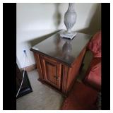 Wooden End Table with Glass Top and Cabinet