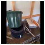 Vintage Green Bucket and Blue Oval Pot with Tool L