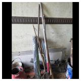 Lot of Garden Tools - Pitchfork, Shovel, Broom, an
