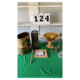 amber glass bowl, wooden wine box paper weight,