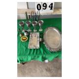 7 Pewter type items plus vintage ash tray with