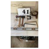 9 items level, hammer, rubber hammer, lug wrench,