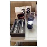 2 small crocks, 2 wine glasses & battery light