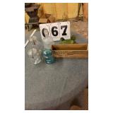 Kraft wooden cheese box , sitting hen and 4 glass