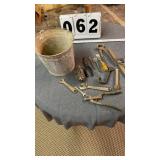 Metal bucket and tools 14 total items