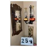 2 oil lamps, mirror and wall decor