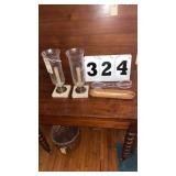 Pair of candle stands, small wood tray.