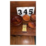 Wooden salad bowl and 6 small wood bowls.