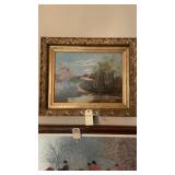 framed landscape painting depicting a rural