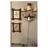 Pair of Metal wall lamp and 2 framed pictures of