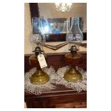 Pair of vintage amber glass kerosene or oil lamp.