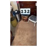 Step stool and 3 trash cans. 2 trash cans metal.