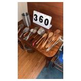 Antique cooking utensils wood, aluminum and metal