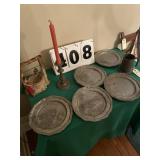 5 metal tin plates, metal candle holder, metal
