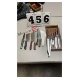 Kitchen knives and 2 meat cleaver and 1 hunting