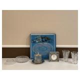 Cut Glass Vases, Clock, Platter & Sugar Bowl