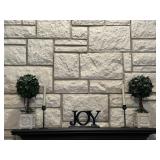 Boxwood Plants, Candlesticks & Joy Word Decor