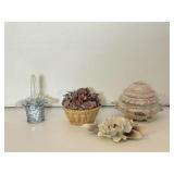 Porcelain Floral Figurines & Blown Glass Basket
