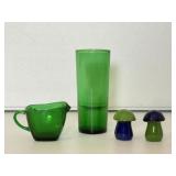Vintage Green Glass Vase & Cream Pitcher