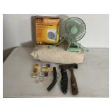 Fan, Heater, Hatchet, Ear Plugs & Knife
