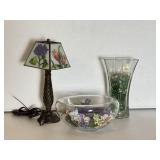 Lamp with Floral Shade, Glass Vase & Bowl