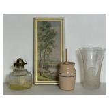 Oil Lamp, Butter Churn Crock, Art & Eagle Vase