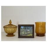 Amber Candy Dish & Candleholder & 3-D Framed Art