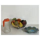 Fruit Bowl, Carnival Glass Dish & Tang Pitcher