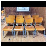 Set of 8 Vintage School Chairs with Wood Seats