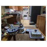 Blue & White Ceramic Butter Dish, & Spoon Rest