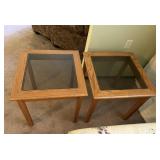 Pair of Oak End Tables with Glass Tops
