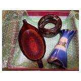 Amber Glass Dish, Blue & White Vase, etc