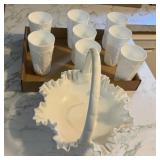 White Ceramic Basket  and 8 Grape Tumblers