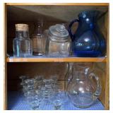 Glassware: Blue Pitcher, Jars, and Dessert Glass
