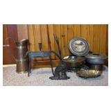 Copper Pitcher, Cast Iron Figurine, and Brass