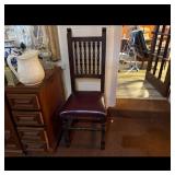 Antique Wooden Dining Chair with Burgundy Leather