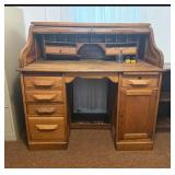 Antique Oak Roll Top Desk with Drawers and Storage
