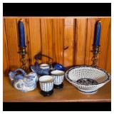 Blue and White Chinese Teapots, Bowl, Cups