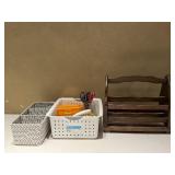 Wood Magazine Rack & Office Supplies