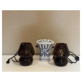 Porcelain Blue & White Vase & Mini Amber Lamps