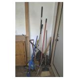 Lot of Garden Tools: Brooms, Rakes, Shovel, etc