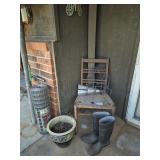 Outdoor Items: Boots, Planter, Wire Roll