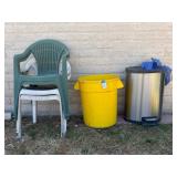 Plastic Outdoor Chairs, Yellow Trash Can, Bin
