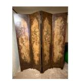Floral Painted 4-Panel Folding Wood Screen
